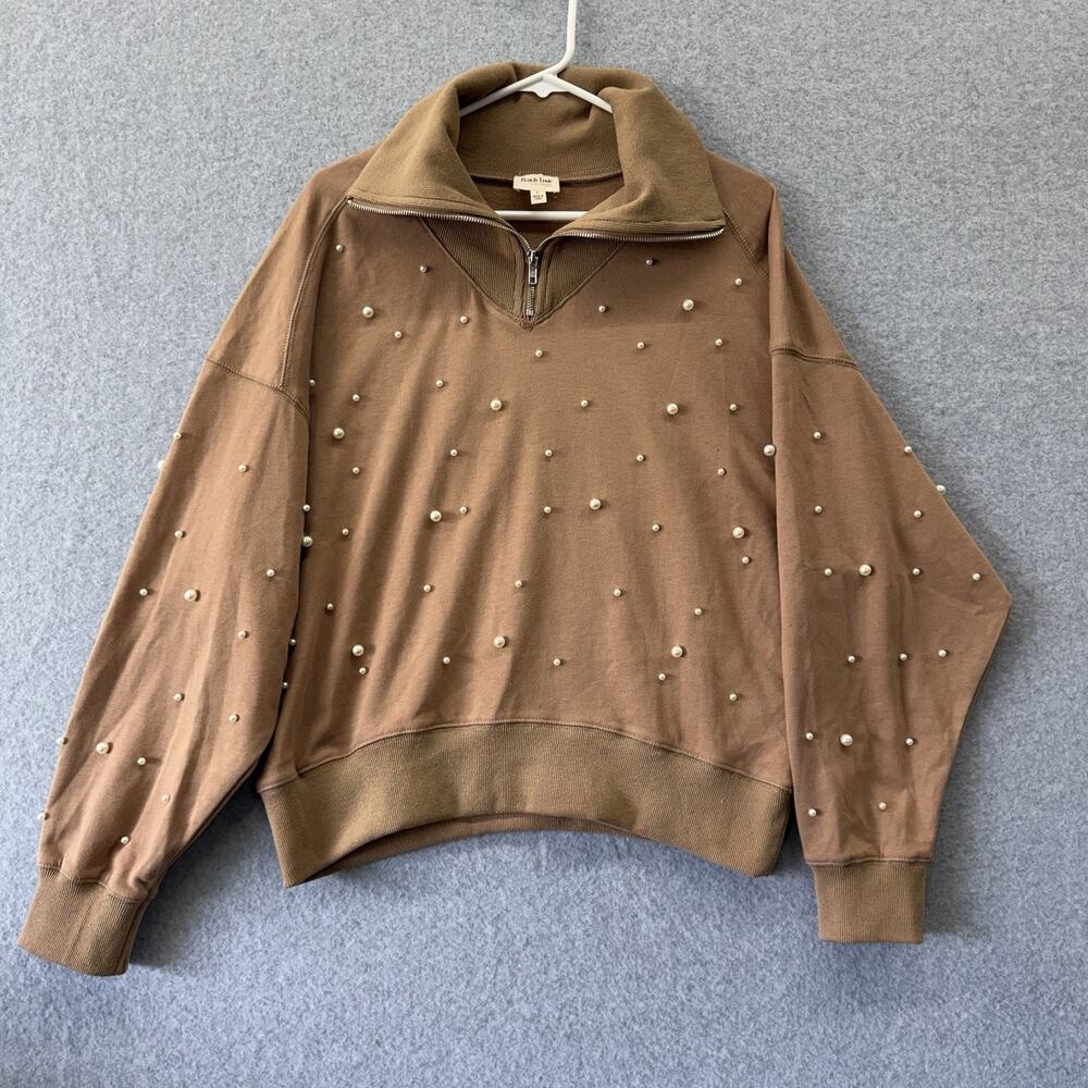 Peach Lane California All Over Pearl Studded Quarter Zip Sweater Size Medium